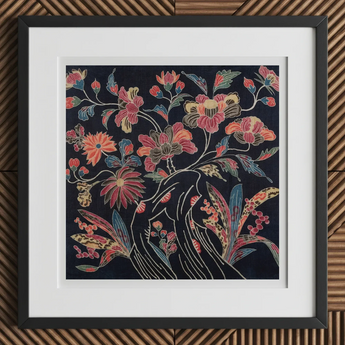 Japanese Wrapping Cloth (uchikui) - Textile Art Print, 12x12’’ / 31x31cm / Black Frame / 2’’ Matboard, Framed Batik Artwork Floral Motif