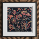 Japanese Wrapping Cloth (uchikui) - Textile Art Print, 12x12’’ / 31x31cm / Black Frame, Framed Batik Artwork Floral Motif Dark Background