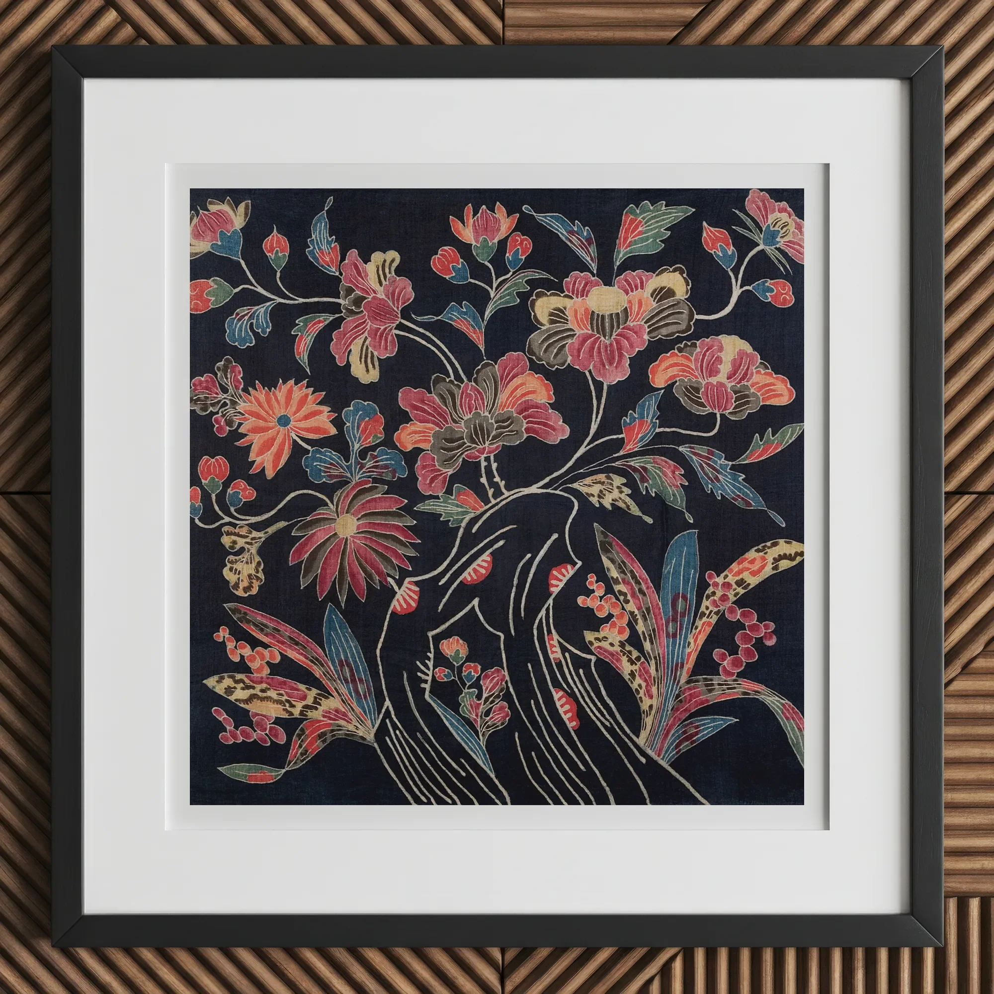 Japanese Wrapping Cloth (uchikui) - Textile Art Print, 12x12’’ / 31x31cm / Black Frame, Framed Batik Artwork Floral Motif Dark Background
