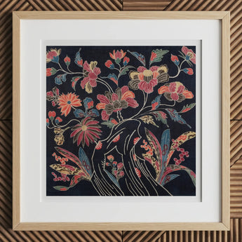 Japanese Wrapping Cloth (uchikui) - Textile Art Print, 12x12’’ / 31x31cm / Natural Frame / 2’’ Matboard, Framed Dark Floral Art Print Light