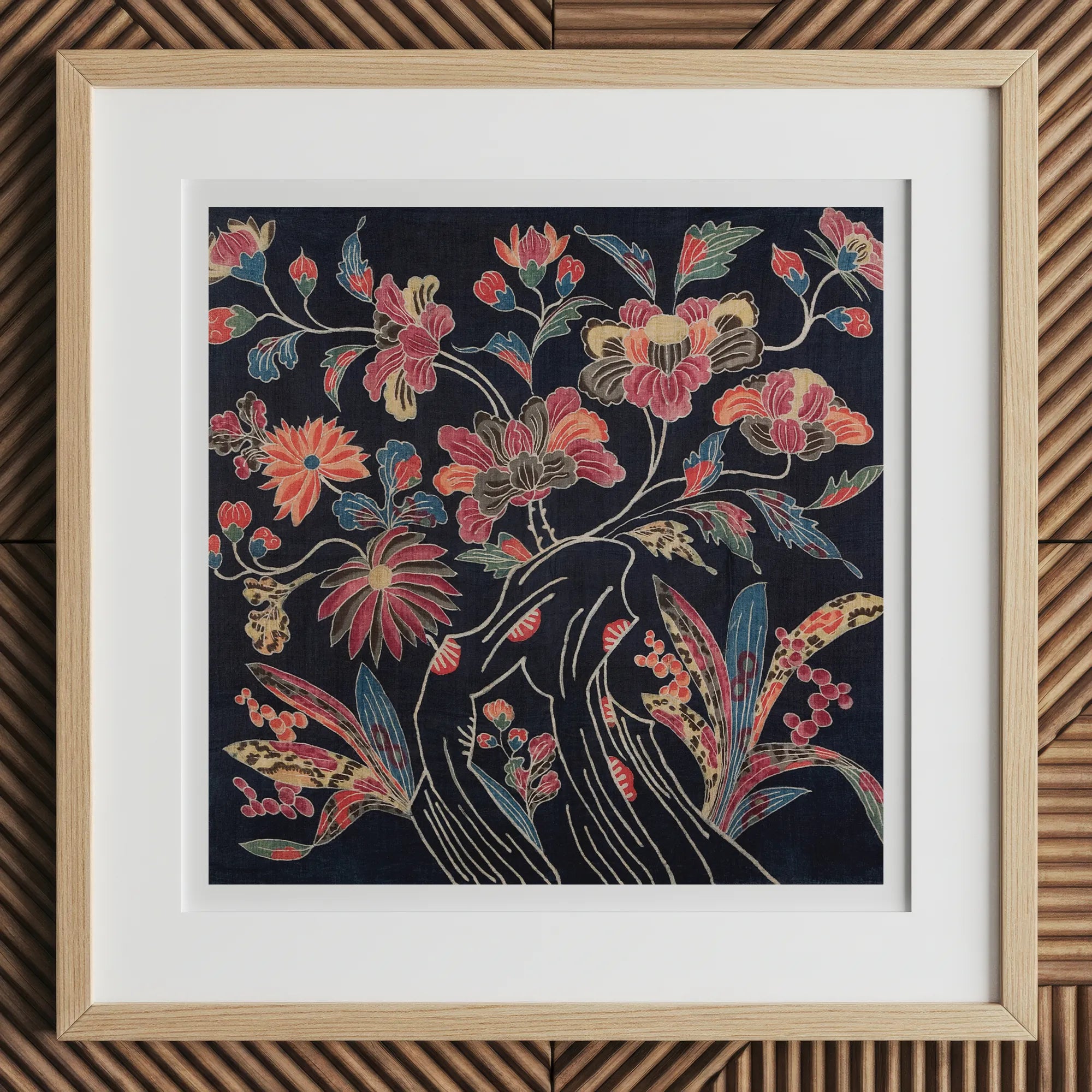 Japanese Wrapping Cloth (uchikui) - Textile Art Print, 12x12’’ / 31x31cm / Natural Frame, Framed Dark Floral Art Print Light Wood Frame