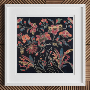 Japanese Wrapping Cloth (uchikui) - Textile Art Print, 12x12’’ / 31x31cm / White Frame / 2’’ Matboard, Framed Batik Artwork Floral Motif