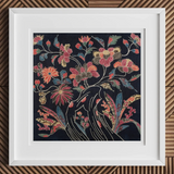 Japanese Wrapping Cloth (uchikui) - Textile Art Print, 12x12’’ / 31x31cm / White Frame / 2’’ Matboard, Framed Batik Artwork Floral Motif