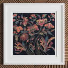 Japanese Wrapping Cloth (uchikui) - Textile Art Print, 12x12’’ / 31x31cm / White Frame, Framed Batik Artwork Floral Motif