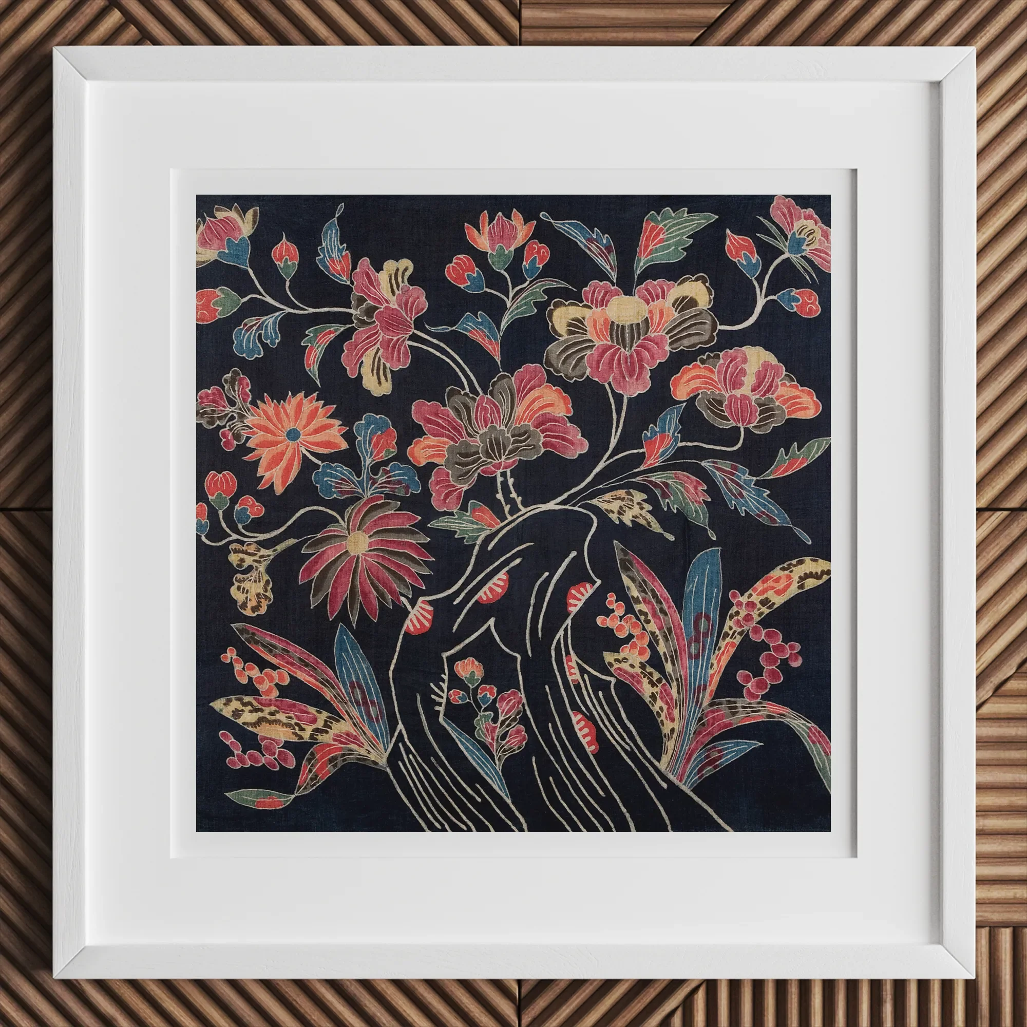Japanese Wrapping Cloth (uchikui) - Textile Art Print, 12x12’’ / 31x31cm / White Frame, Framed Batik Artwork Floral Motif