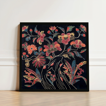 Square-framed Piece Embroidered Artwork Vibrant Floral Design Pink Okinawan Textile Artistry, Mesmerizing Wrapping Cloth, Enchanting World