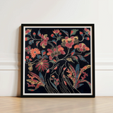 Framed Artwork Vibrant Floral Design Red Orange Blue Okinawan Textile Artistry, Mesmerizing Wrapping Cloth, Enchanting World