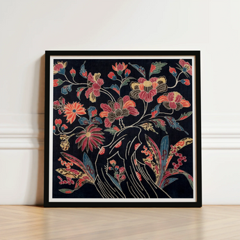 Framed Artwork Vibrant Floral Design Red Orange Blue Okinawan Textile Artistry, Mesmerizing Wrapping Cloth, Enchanting World