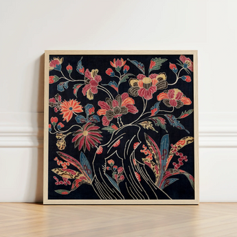 Square-framed Artwork Vibrant Floral Embroidery Dark Fabric Blossoms Okinawan Textile Artistry, Mesmerizing Wrapping Cloth, Enchanting World