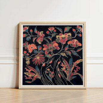 Framed Artwork Vibrant Floral Design Red Orange Blue Okinawan Textile Artistry, Mesmerizing Wrapping Cloth, Enchanting World