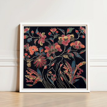 Framed Artwork Vibrant Floral Design Red Orange Blue Okinawan Textile Artistry, Mesmerizing Wrapping Cloth, Enchanting World