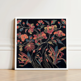 Square-framed Artwork Vibrant Floral Design Red Pink Gold Okinawan Textile Artistry, Mesmerizing Wrapping Cloth, Enchanting World