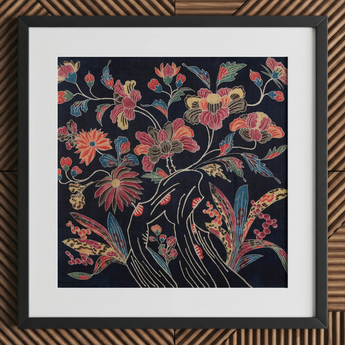 Japanese Wrapping Cloth (uchikui) - Textile Art Print / Canvas Framed Piece Embroidered Textile Art Vibrant Floral Design Okinawan
