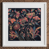 Japanese Wrapping Cloth (uchikui) - Textile Art Print / Canvas Framed Piece Vibrant Intricately Embroidered Floral Artwork Dark Okinawan