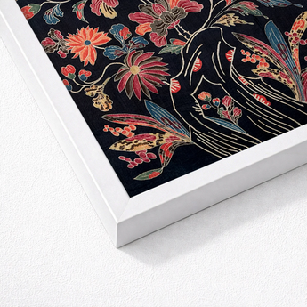 Framed Piece Artwork Vibrant Floral Pattern Dark Velvet Okinawan Textile Artistry, Mesmerizing Wrapping Cloth, Enchanting World