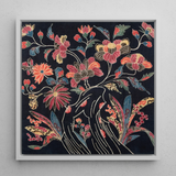 Japanese Wrapping Cloth (uchikui) - Textile Art Print / Canvas Square-framed Artwork Vibrant Floral Design Red Orange Blue Okinawan Textile