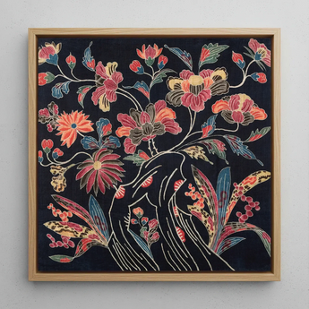 Japanese Wrapping Cloth (uchikui) - Textile Art Print / Canvas Square-framed Artwork Vibrant Floral Embroidery Dark Fabric Blossoms