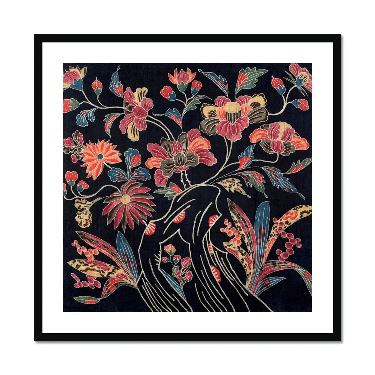 Japanese Wrapping Cloth (uchikui) - Textile Art Print, Colorful Floral Pattern Coral Pink Blooms Blue Leaves