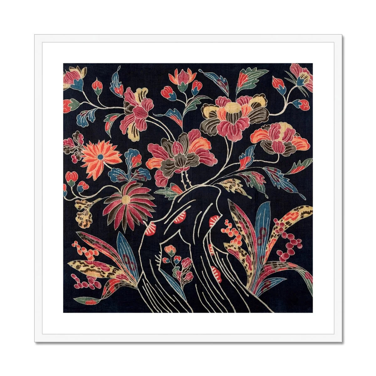 Japanese Wrapping Cloth (uchikui) Textile Art Print, Colorful Floral Pattern Coral Pink Blue Blooms Curved
