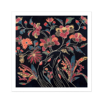 Japanese Wrapping Cloth (uchikui) - Textile Art Print, Floral Pattern Coral Pink Blooms Black Background