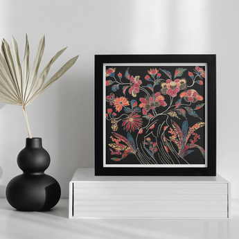Japanese Wrapping Cloth (uchikui) - Textile Art Print, Framed Floral Artwork Coral-colored Blooms Dark Background