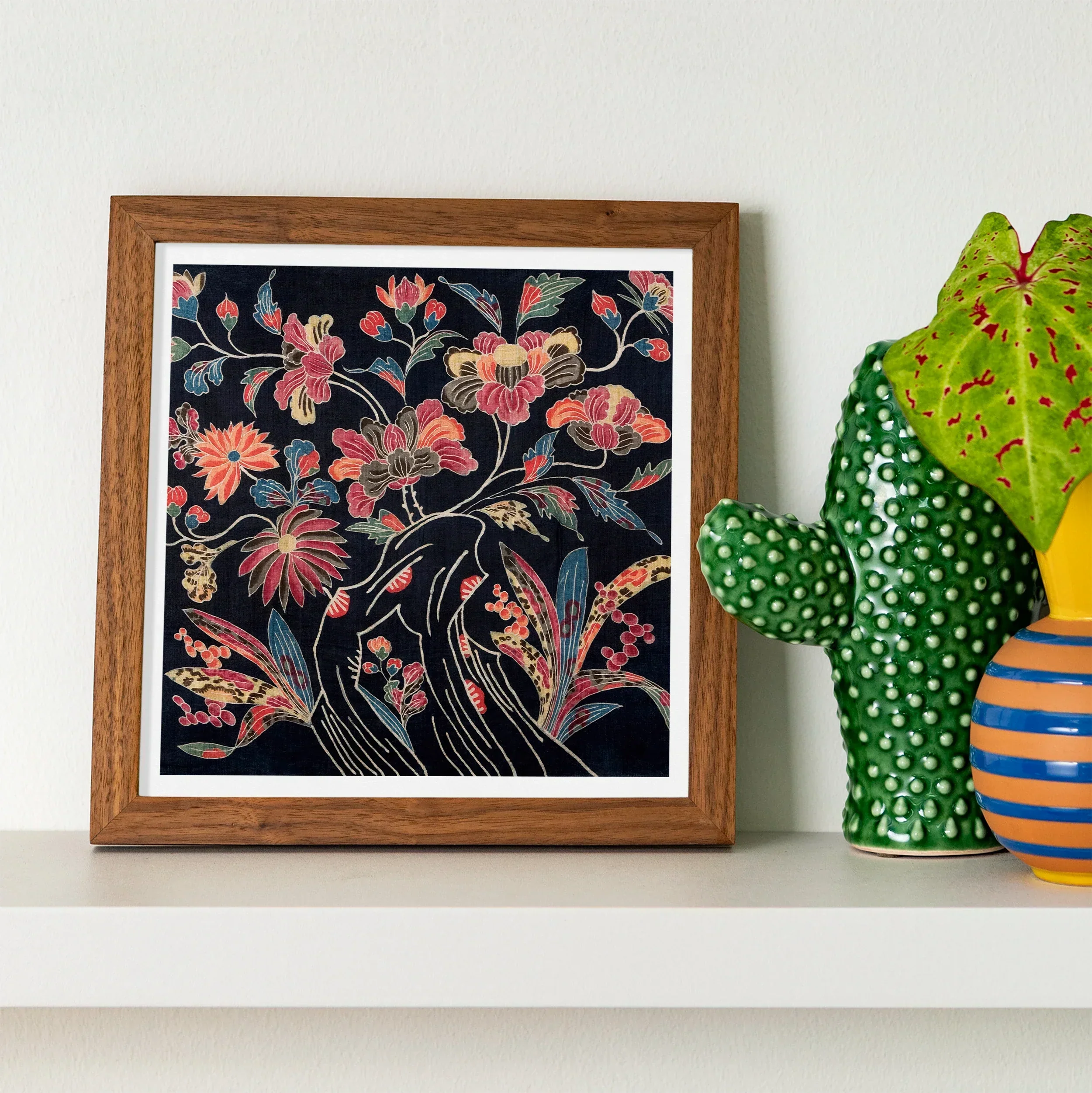 Japanese Wrapping Cloth (uchikui) - Textile Art Print, Framed Floral Artwork Pink Blooms Leaves Black Background