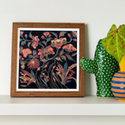 Japanese Wrapping Cloth (uchikui) Textile Art Print, Framed Floral Artwork Pink Blooms Leaves Black Background