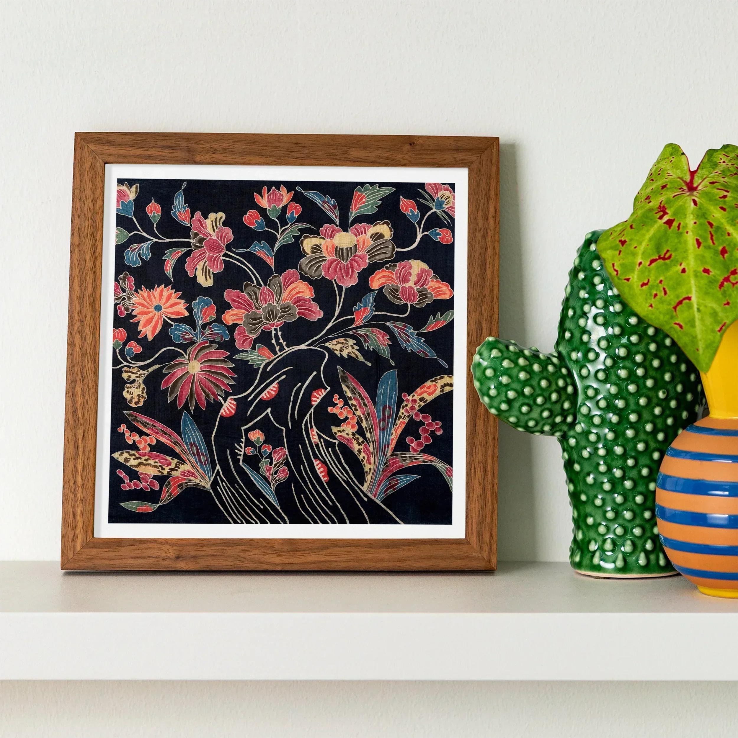 Japanese Wrapping Cloth (uchikui) Textile Art Print, Framed Floral Artwork Pink Blooms Leaves Black Background