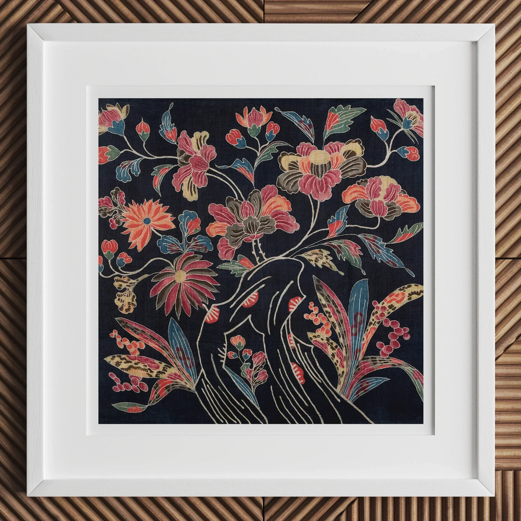 Framed floral batik textile art print showcasing intricate floral pattern design inspired by William Morris