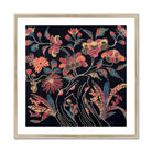 Japanese Wrapping Cloth (uchikui) Textile Art Print, Framed Floral Artwork Vibrant Coral Pink Blooms Blue