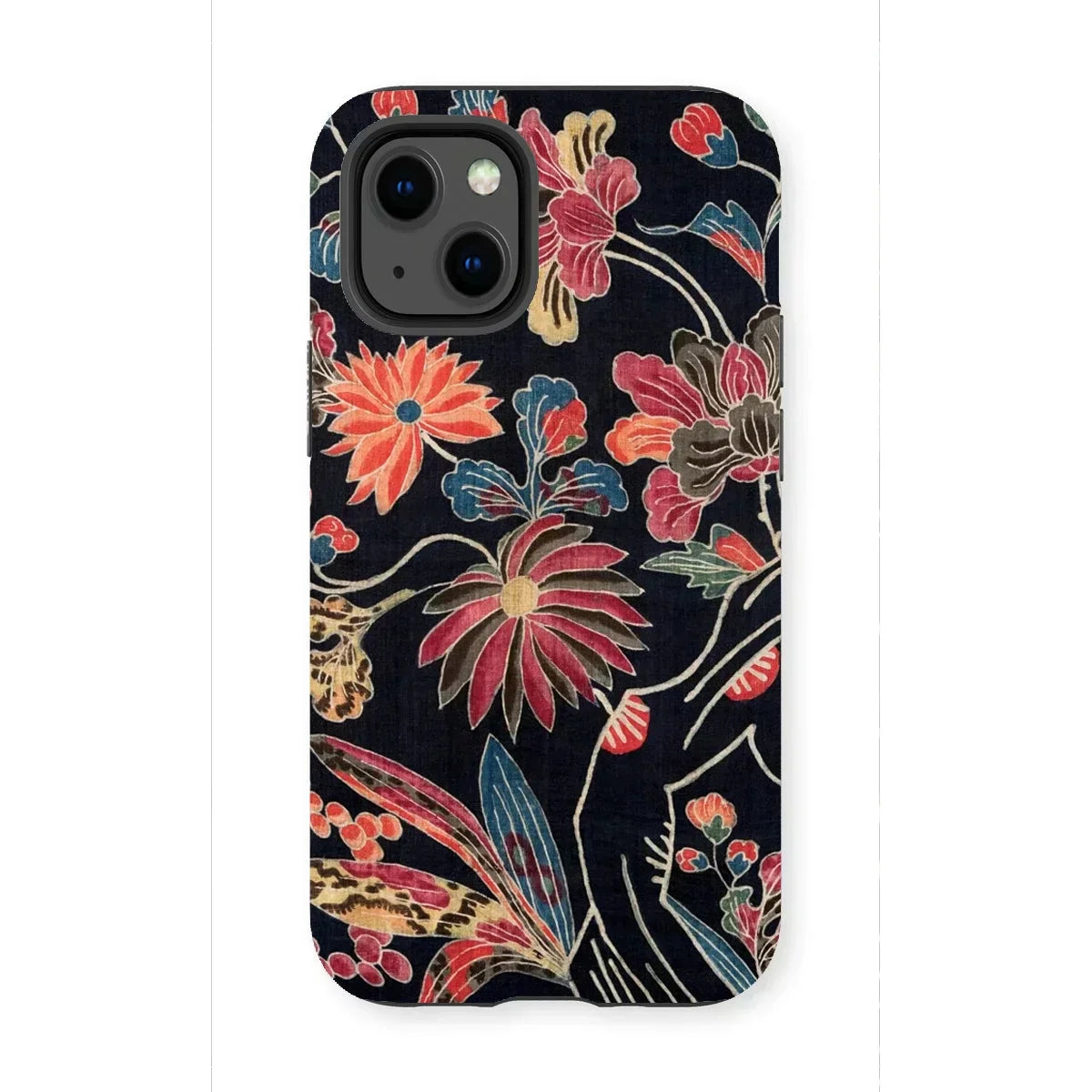 Japanese Wrapping Cloth (uchikui) - Textile Iphone Case, 13 Mini / Matte, Floral-patterned Smartphone Case Vibrant Tropical Flowers Black