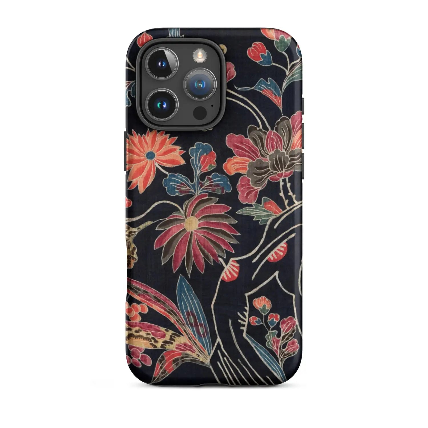 Black floral patterned textile iPhone case with red pink flowers