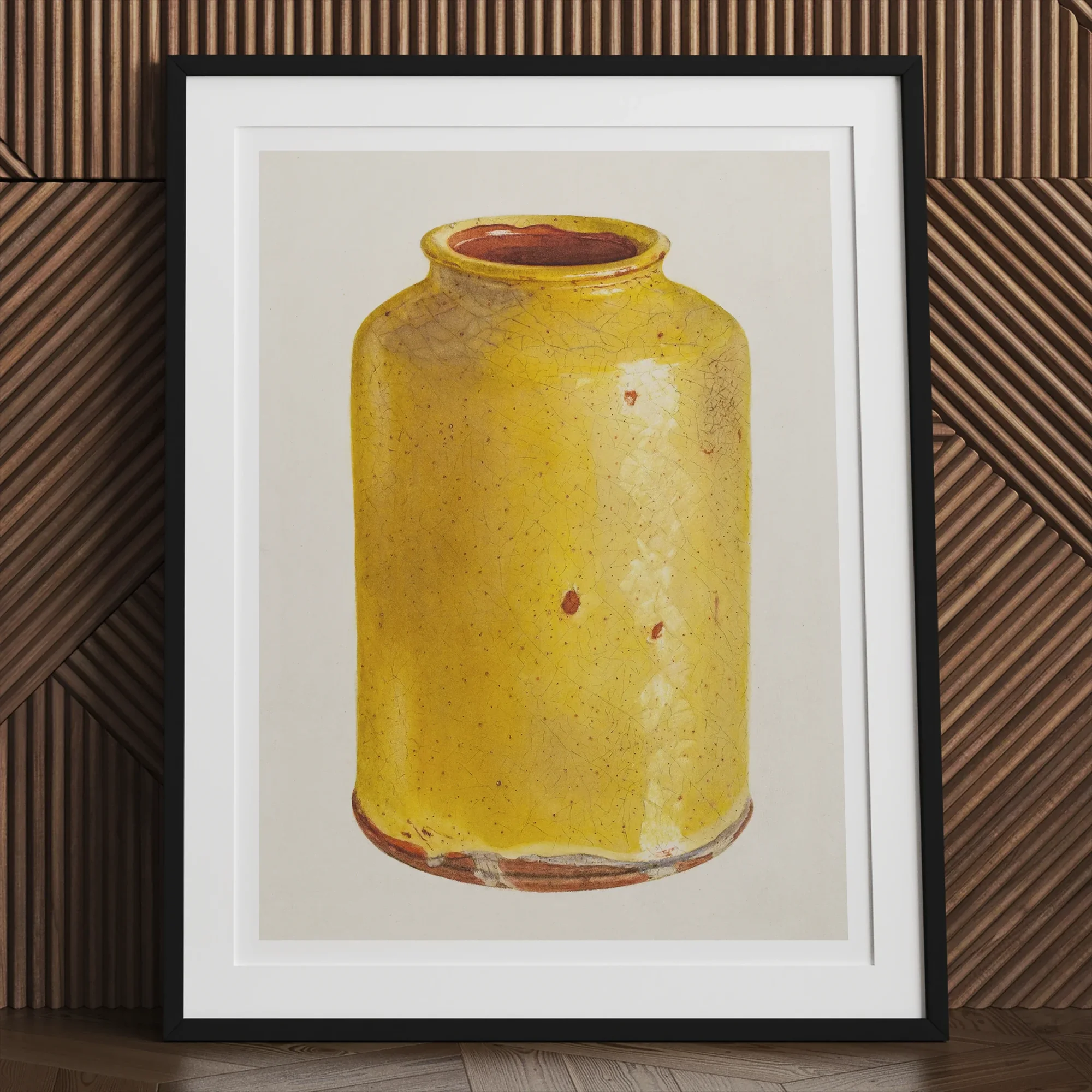 Jar - Yolande Delasser Golden Ceramic Art Print, Yellow Ceramic Vase Jar Reddish-brown Rim
