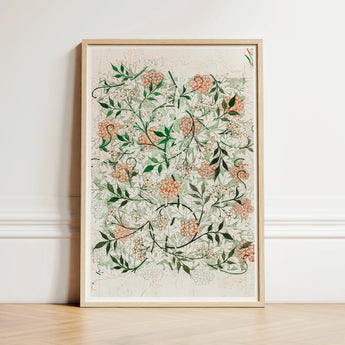 Framed Botanical Illustration Delicate Peach Green Floral Patterns William Morris’s Jasmine, Beguiling Art Print, Enchantment