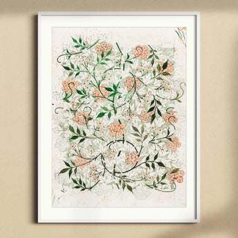 Jasmine - William Morris British Floral Textile Art Print, Framed Botanical Artwork Delicate Pink Flowers Green Leaves