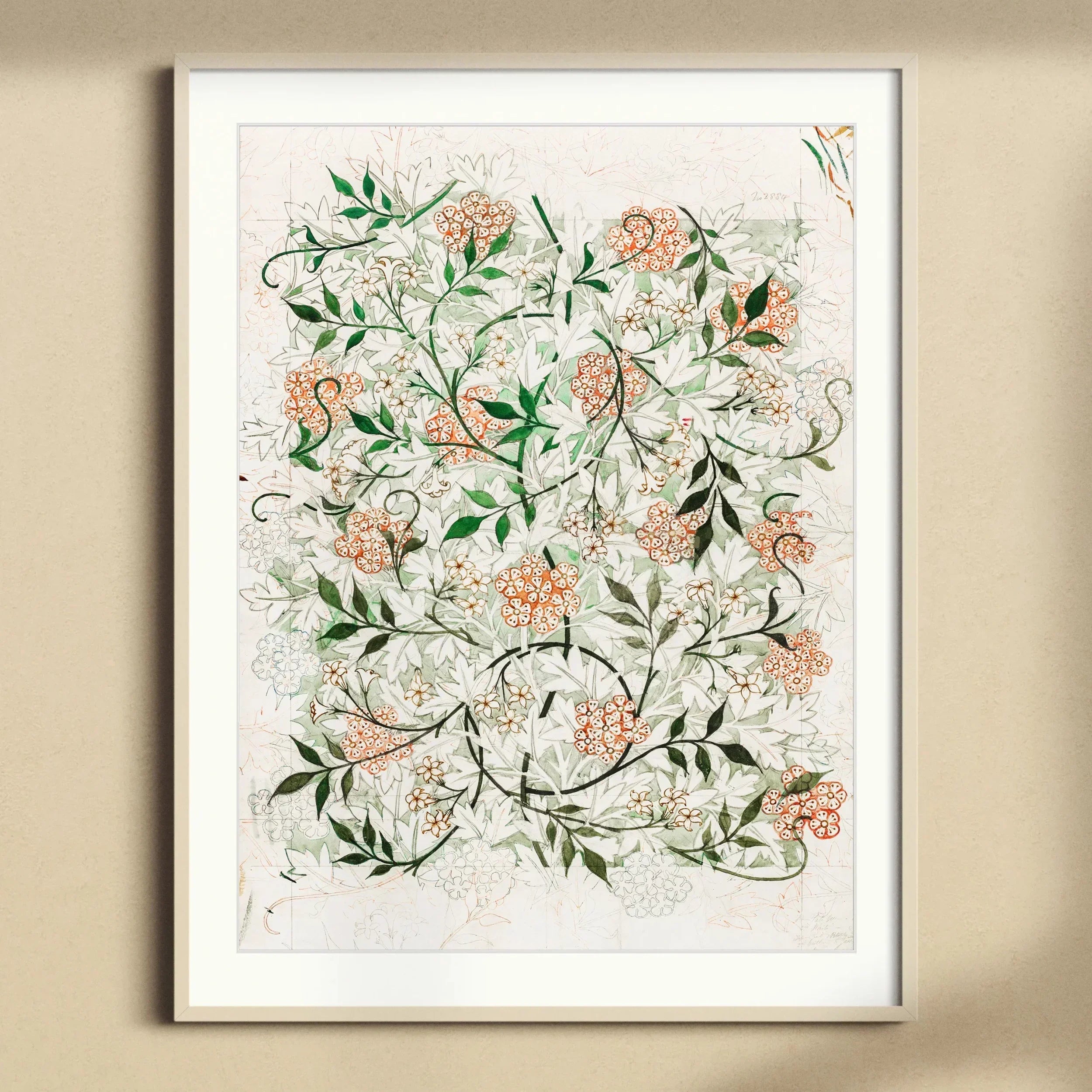 Jasmine William Morris British Floral Textile Art Print, Framed Botanical Art Print Delicate Pink Flowers Green