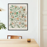 Jasmine - William Morris Floral Pattern Framed Canvas, Framed Botanical Art Print Coral-colored Flowers Green Leaves
