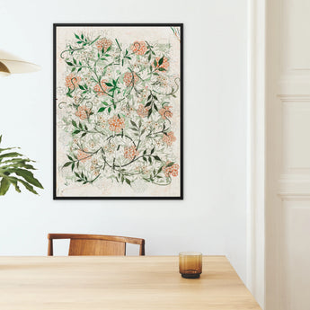 Jasmine - William Morris Floral Pattern Framed Canvas, Framed Botanical Art Print Coral-colored Flowers Green Leaves