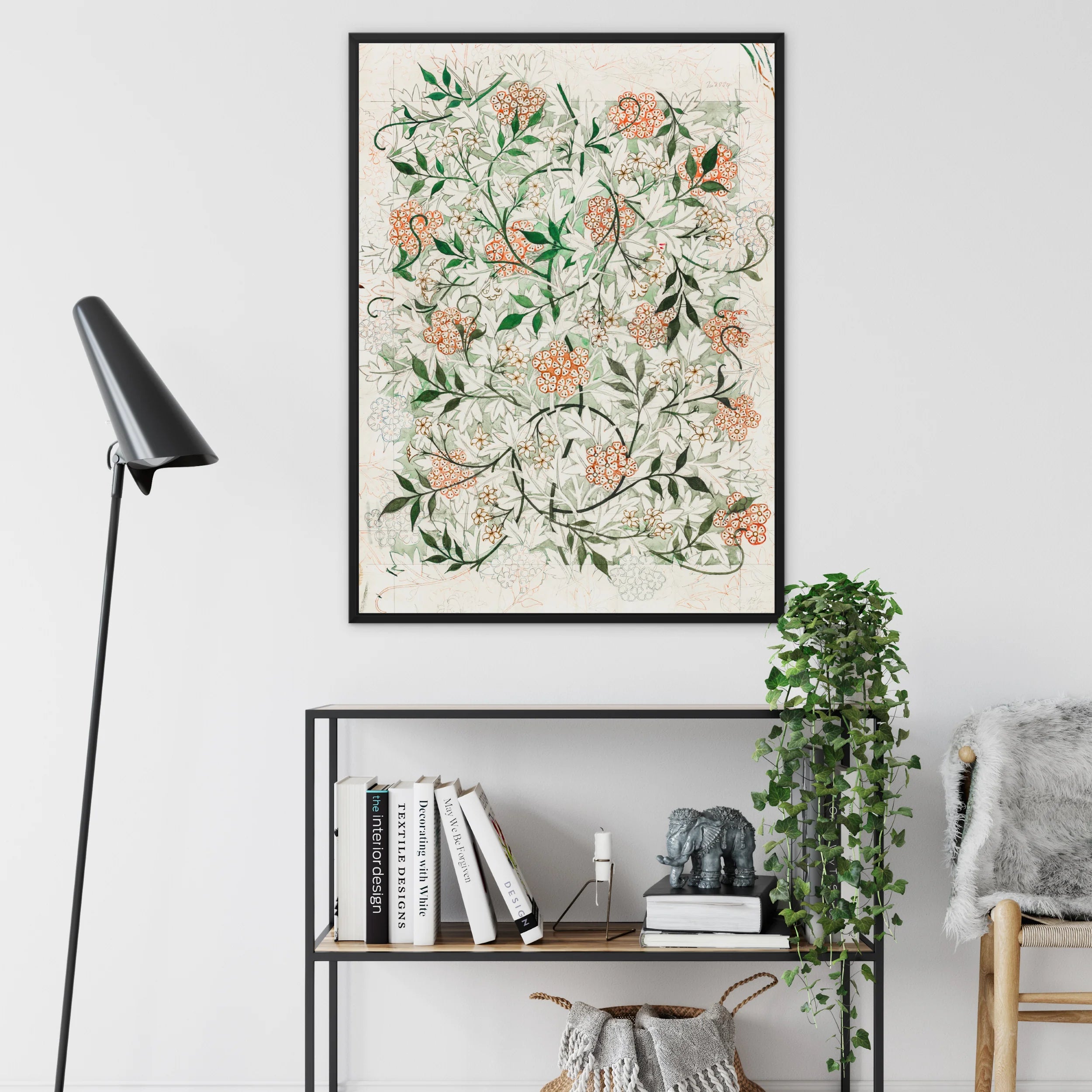 Jasmine - William Morris Floral Pattern Framed Canvas, Framed Botanical Art Print Peach-colored Flowers Green Vines
