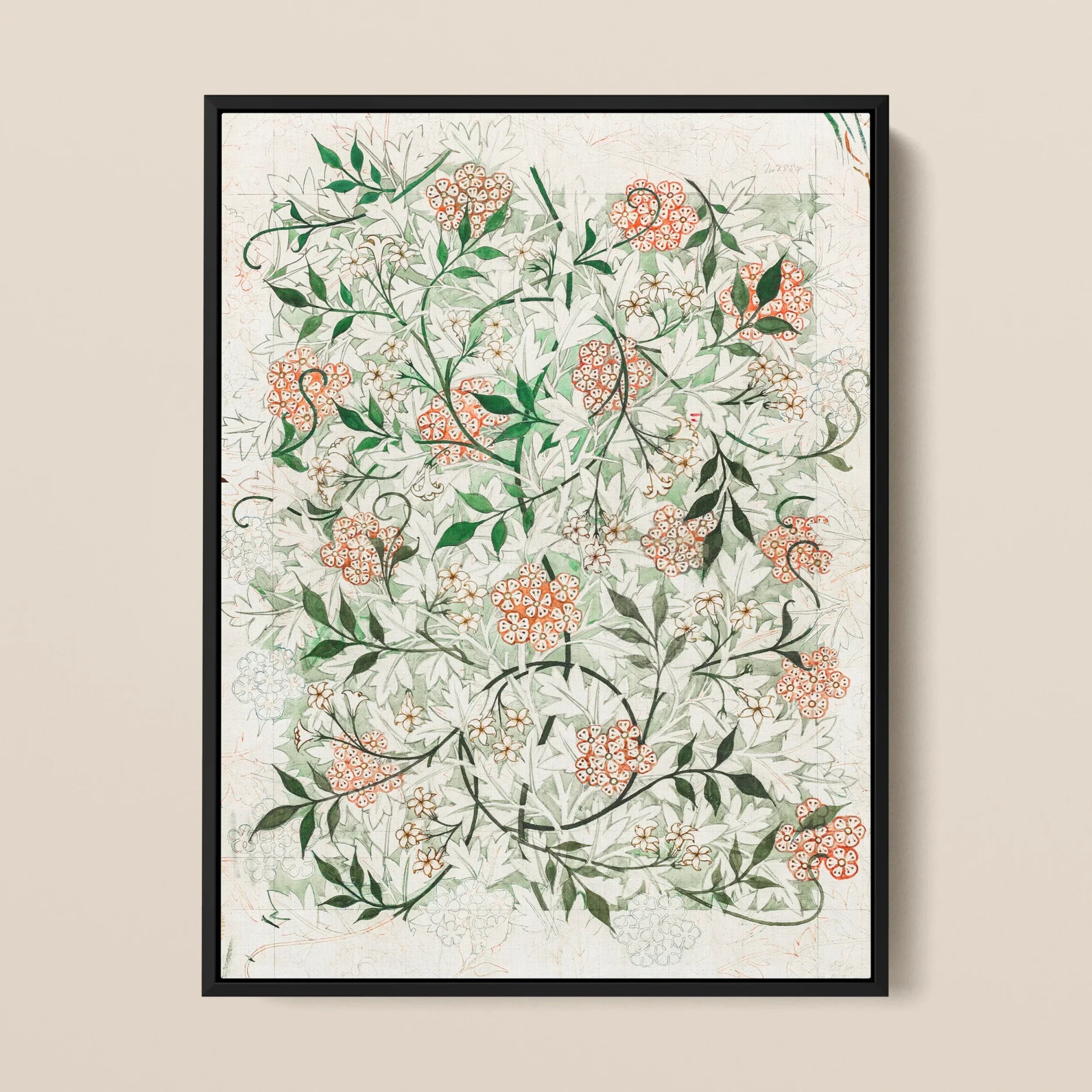 Jasmine - William Morris Floral Pattern Framed Canvas, Framed Botanical Print Intricate Floral Leaf Patterns Green