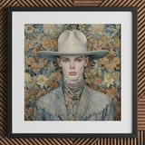 Dandy cowboy with wide-brim hat, framed, floral background