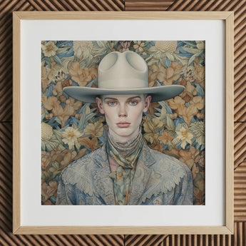 dandy cowboy portrait with wide brim hat, framed.