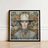 Jasper - Twink Cowboy Dandy Art Print / Canvas Framed Portrait Person Off-white Wide-brimmed Hat Intricate Gray Gay, Elegant Outlaw’s Prints