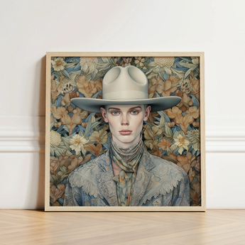 Jasper - Twink Cowboy Dandy Art Print / Canvas Framed Portrait Person Light Gray Wide-brimmed Hat Intricately Gay, Elegant Outlaw’s Prints