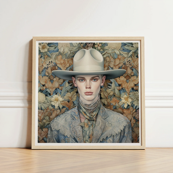 Jasper - Twink Cowboy Dandy Art Print / Canvas Framed Portrait Person Light Gray Wide-brimmed Hat Patterned Gay, Elegant Outlaw’s Prints