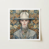 Jasper - Twink Cowboy Dandy Art Print / Canvas Framed Portrait Person Off-white Wide-brimmed Hat Patterned Attire Gay, Elegant Outlaw’s