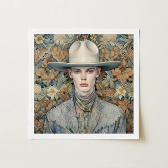 Jasper - Twink Cowboy Dandy Art Print / Canvas Framed Portrait Person Off-white Wide-brimmed Hat Patterned Attire Gay, Elegant Outlaw’s