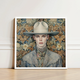Jasper - Twink Cowboy Dandy Art Print / Canvas Framed Portrait Person Light Beige Wide-brimmed Hat Textured Gay, Elegant Outlaw’s Prints