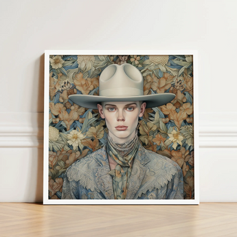 Jasper - Twink Cowboy Dandy Art Print / Canvas Framed Portrait Person Light Beige Wide-brimmed Hat Textured Gay, Elegant Outlaw’s Prints