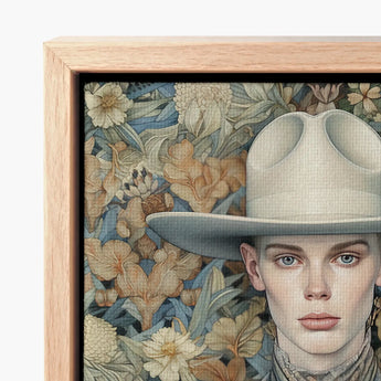 Jasper - Twink Cowboy Dandy Art Print / Canvas Framed Artwork Woman Light Beige Wide-brimmed Hat Backdrop Gay, Elegant Outlaw’s Prints